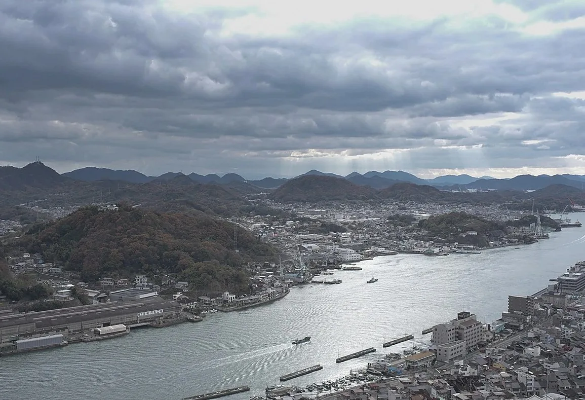 Hillside view over a Japanese harbour town and a wide river mouth under heavy clouds